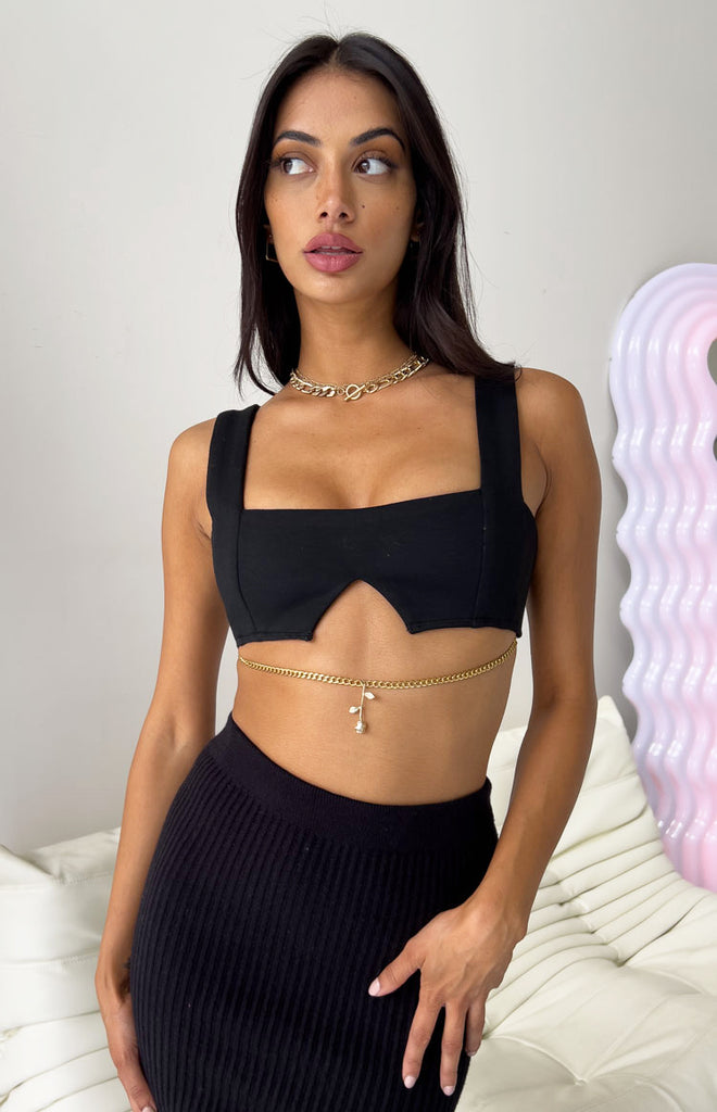 Black Second Skin Slinky Square Neck Crop Top