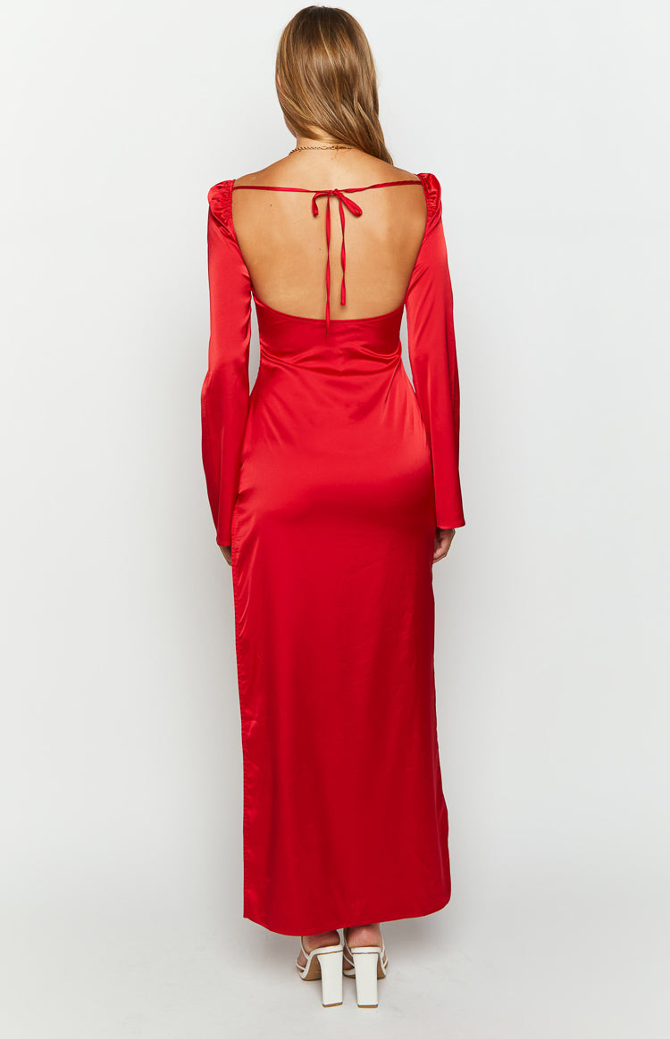 Shop Formal Dress - Airlea Red Satin Asymmetric Maxi Dress third image