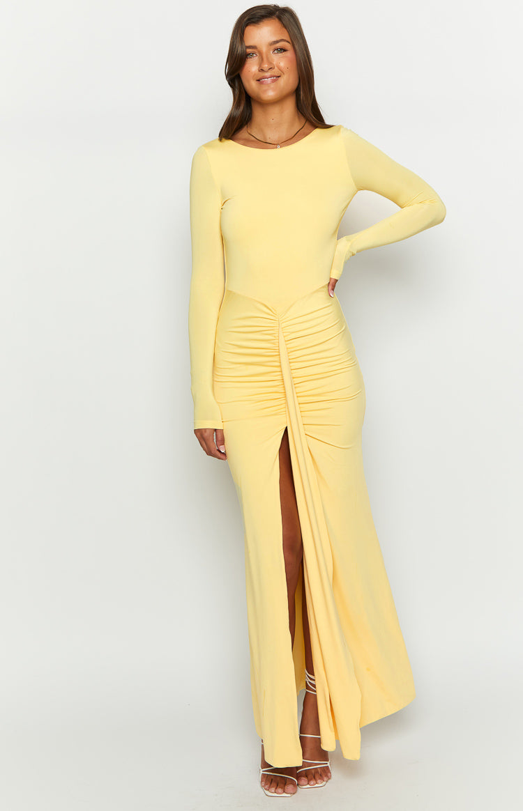 Shop Formal Dress - Amber Glow Yellow Long Sleeve Maxi Dress sixth image