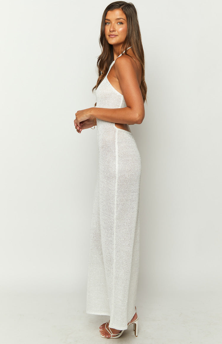 Shop Formal Dress - Andraya White Sequin Knit Maxi Dress fourth image