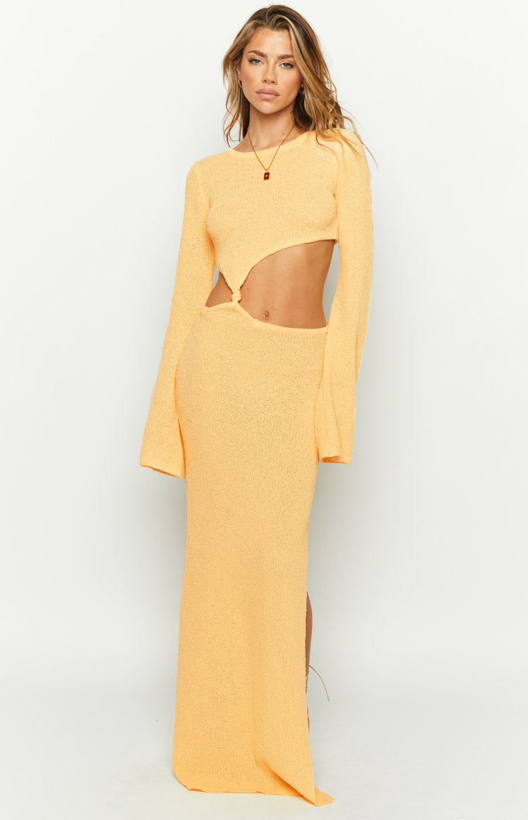Shop Formal Dress - Arya Yellow Long Sleeve Knit Maxi Dress sixth image