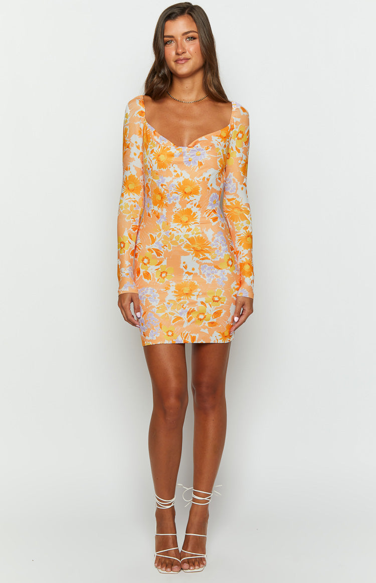 Ashi Orange Floral Long Sleeve Mini Dress Image