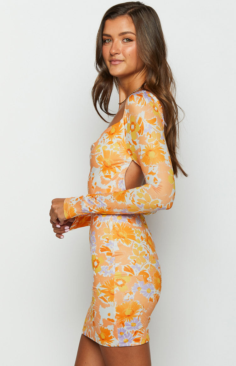 Ashi Orange Floral Long Sleeve Mini Dress Image