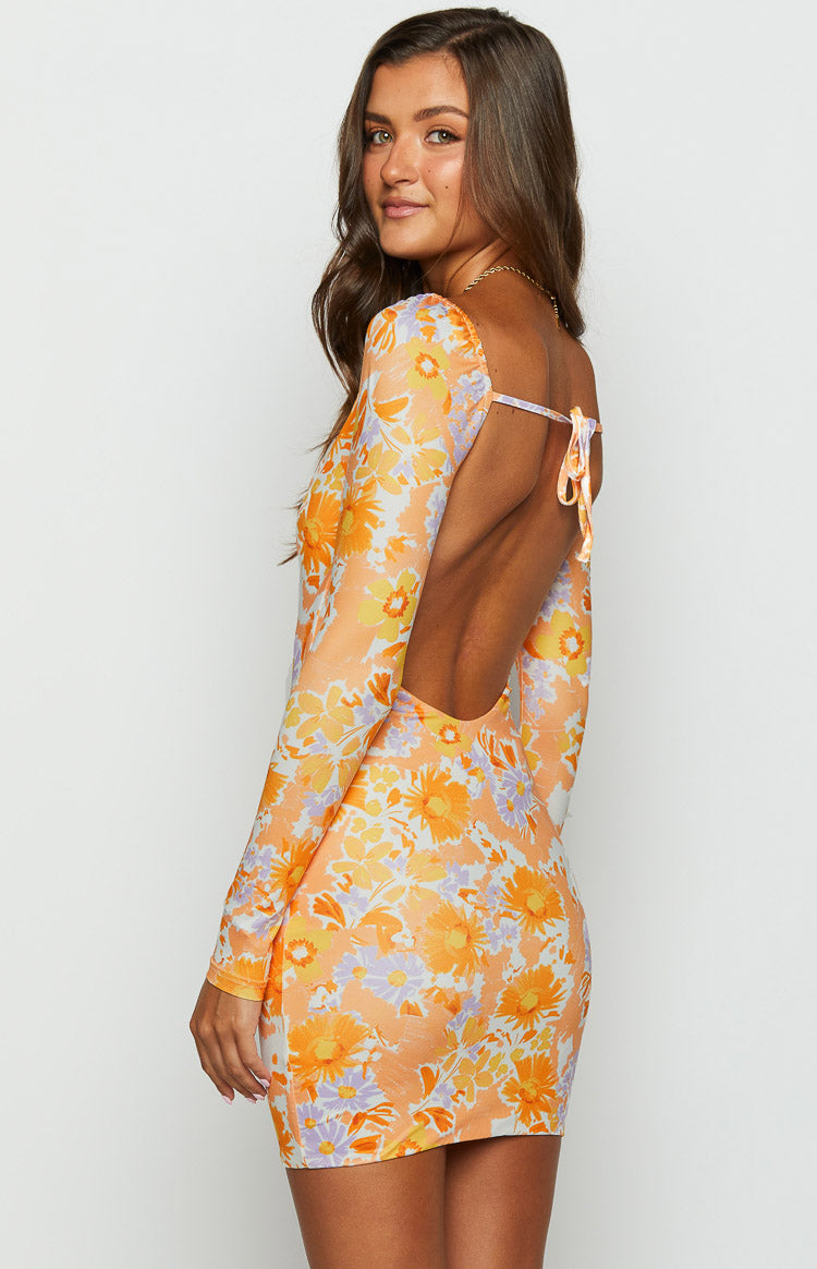 Ashi Orange Floral Long Sleeve Mini Dress Image