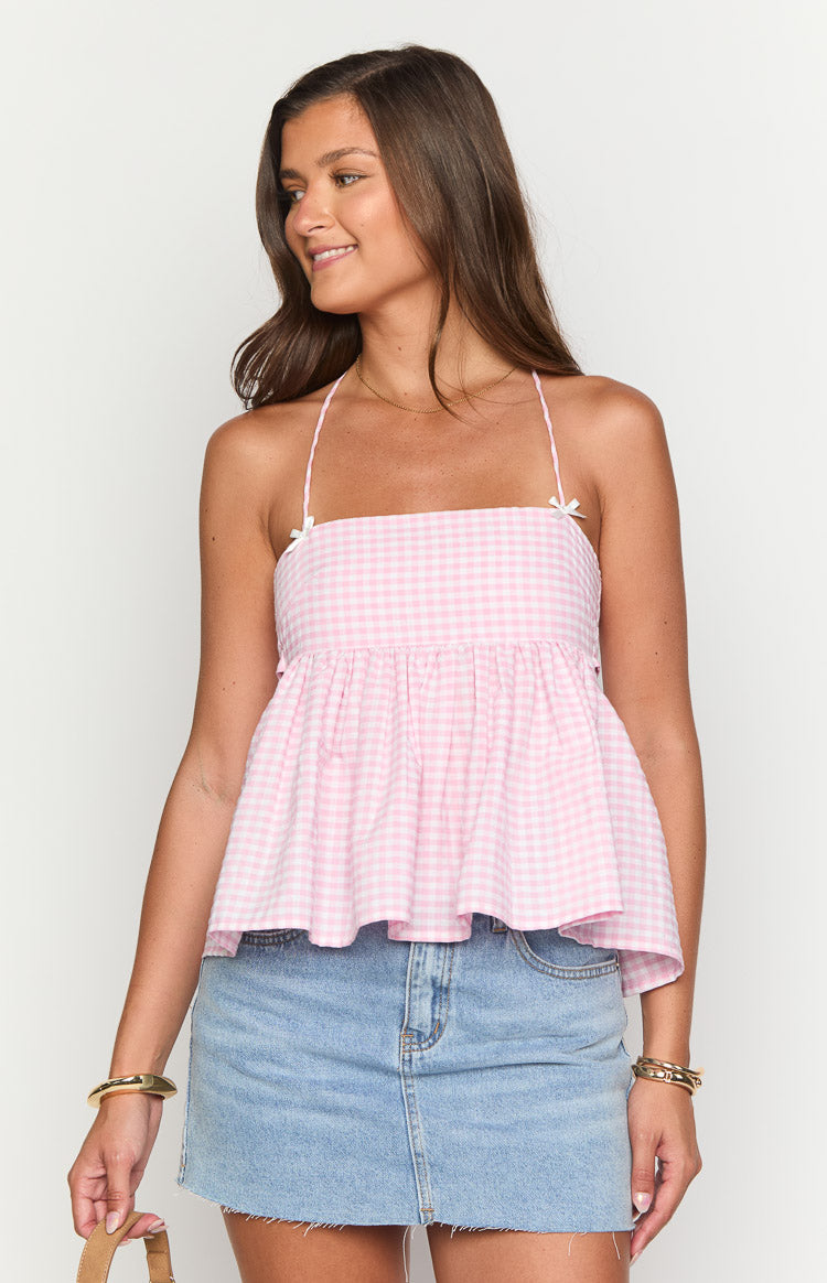 Aspen Pink Gingham Halter Top Image