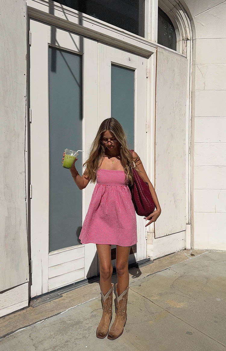 Berrie Red Gingham Strapless Mini Dress Image