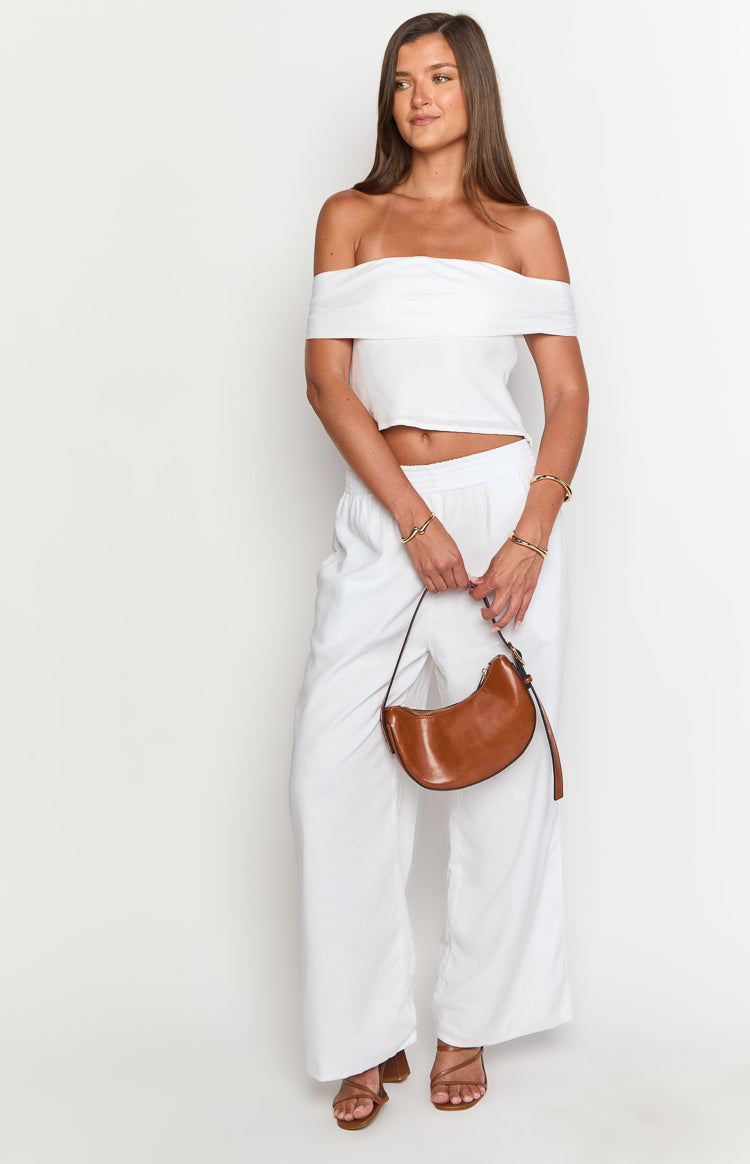 Celsia White Linen Blend Off The Shoulder Crop Top Image