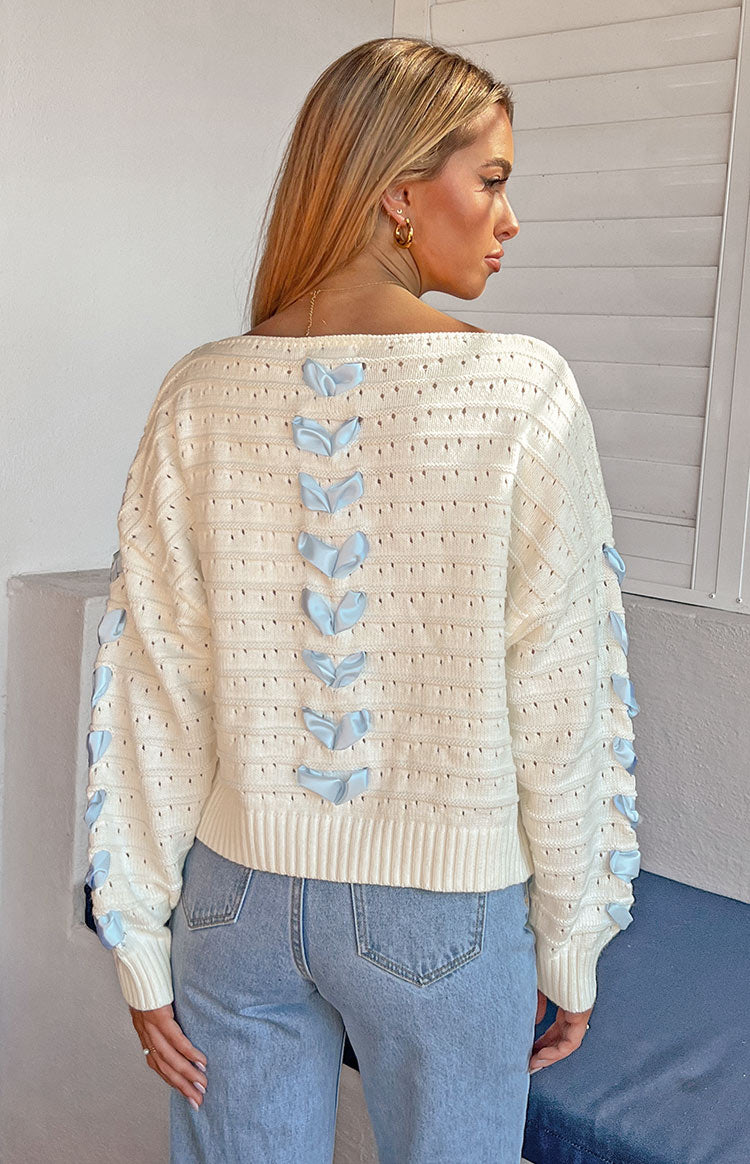 Darling White Knit Blue Ribbon Sweater Image