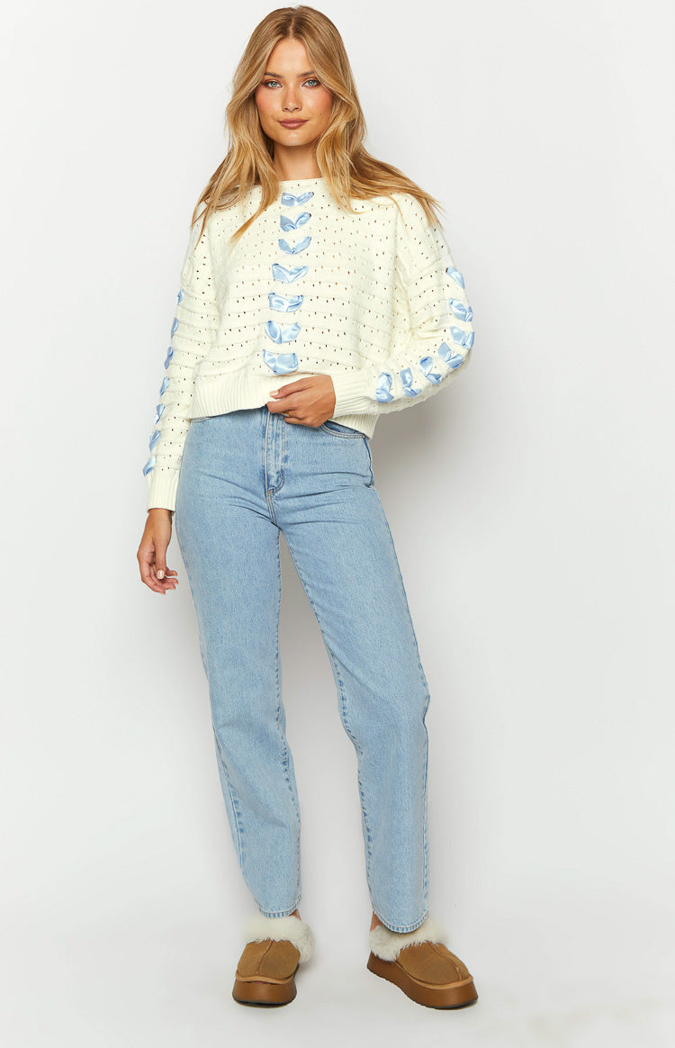 Darling White Knit Blue Ribbon Sweater Image
