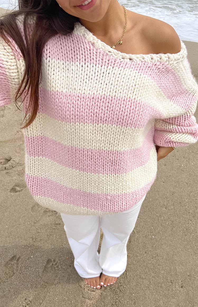 Delvey Pink Striped Chunky Knit Sweater Image