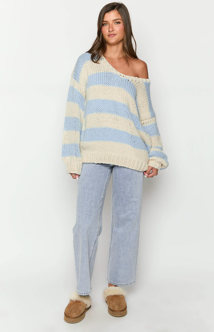 Delvey Light Blue Striped Chunky Knit Sweater Image