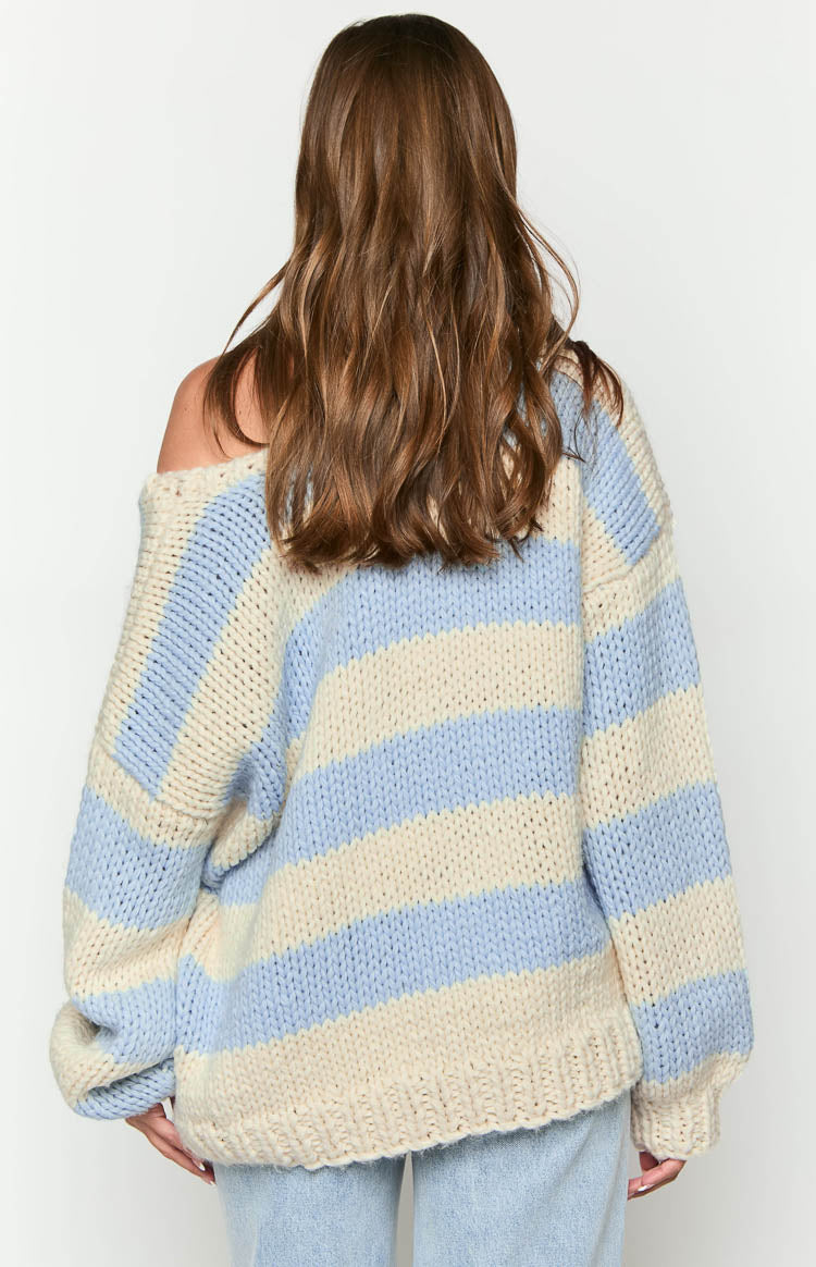 Delvey Light Blue Striped Chunky Knit Sweater Image