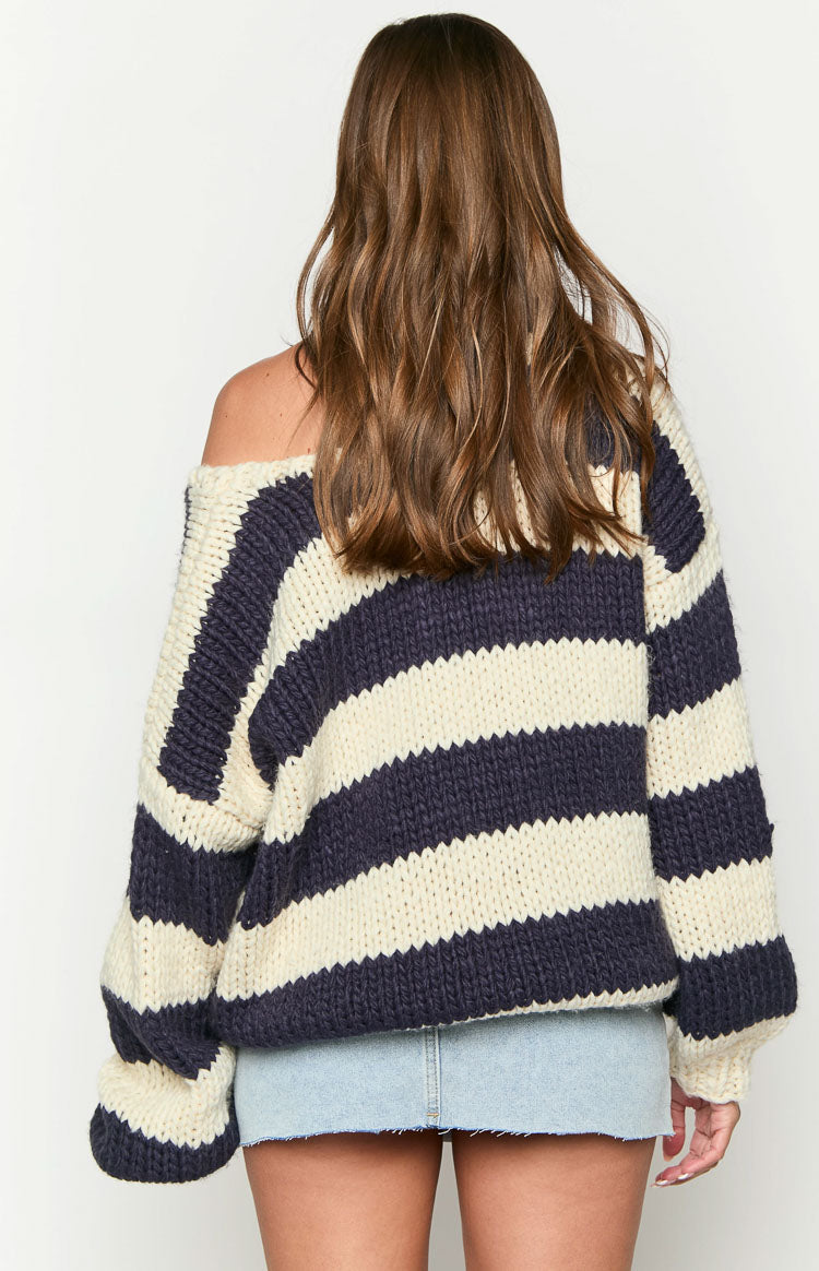 Delvey Navy Striped Chunky Knit Sweater Image