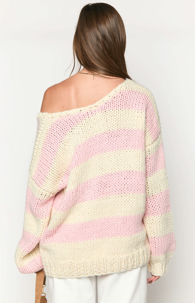 Delvey Pink Striped Chunky Knit Sweater Image