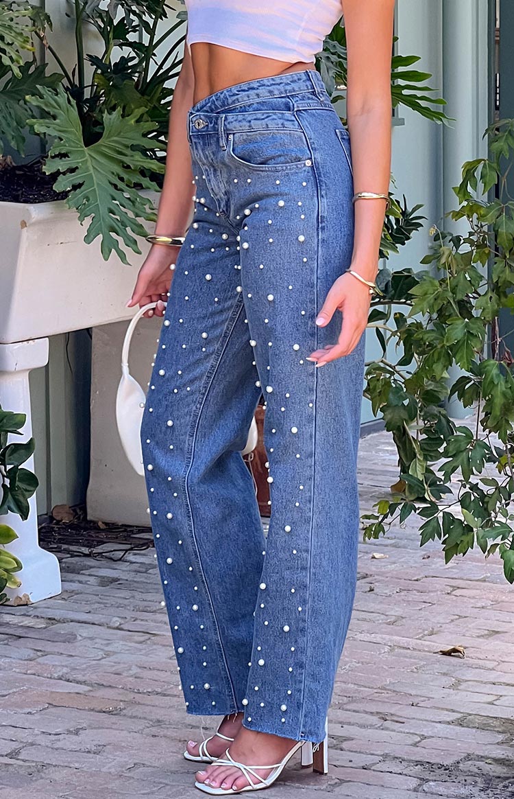 Denim Dazzle Pearl Mid Wash High Waisted Jeans Image