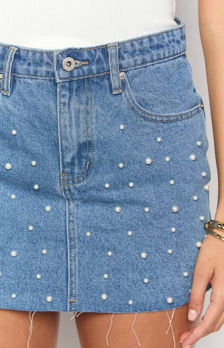 Denim Dazzle Pearl Mid Wash Mini Skirt Image