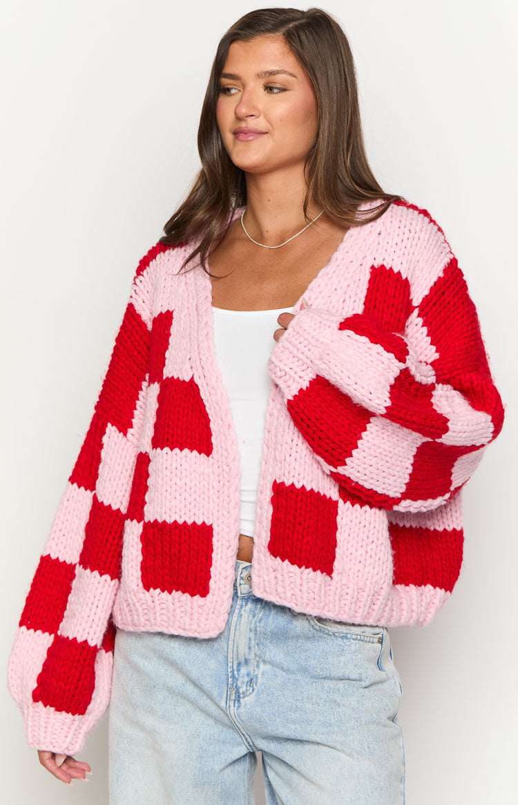 Envi Pink And Red Checkered Knit Cardigan Image