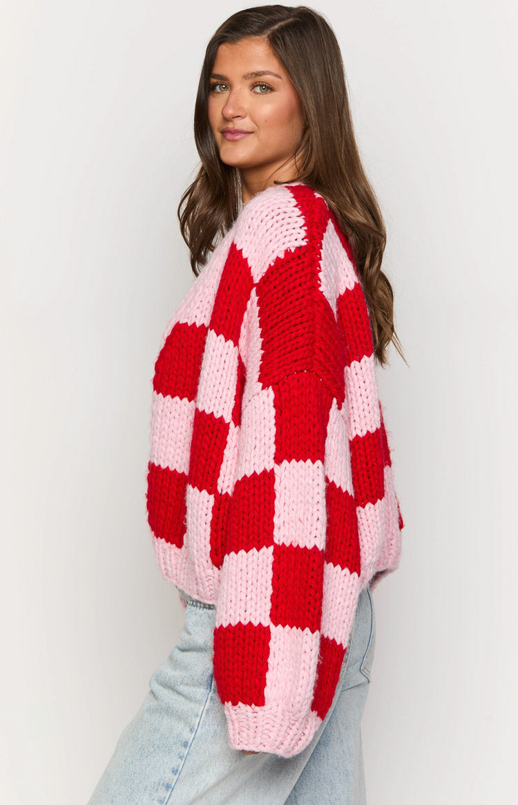 Envi Pink And Red Checkered Knit Cardigan Image