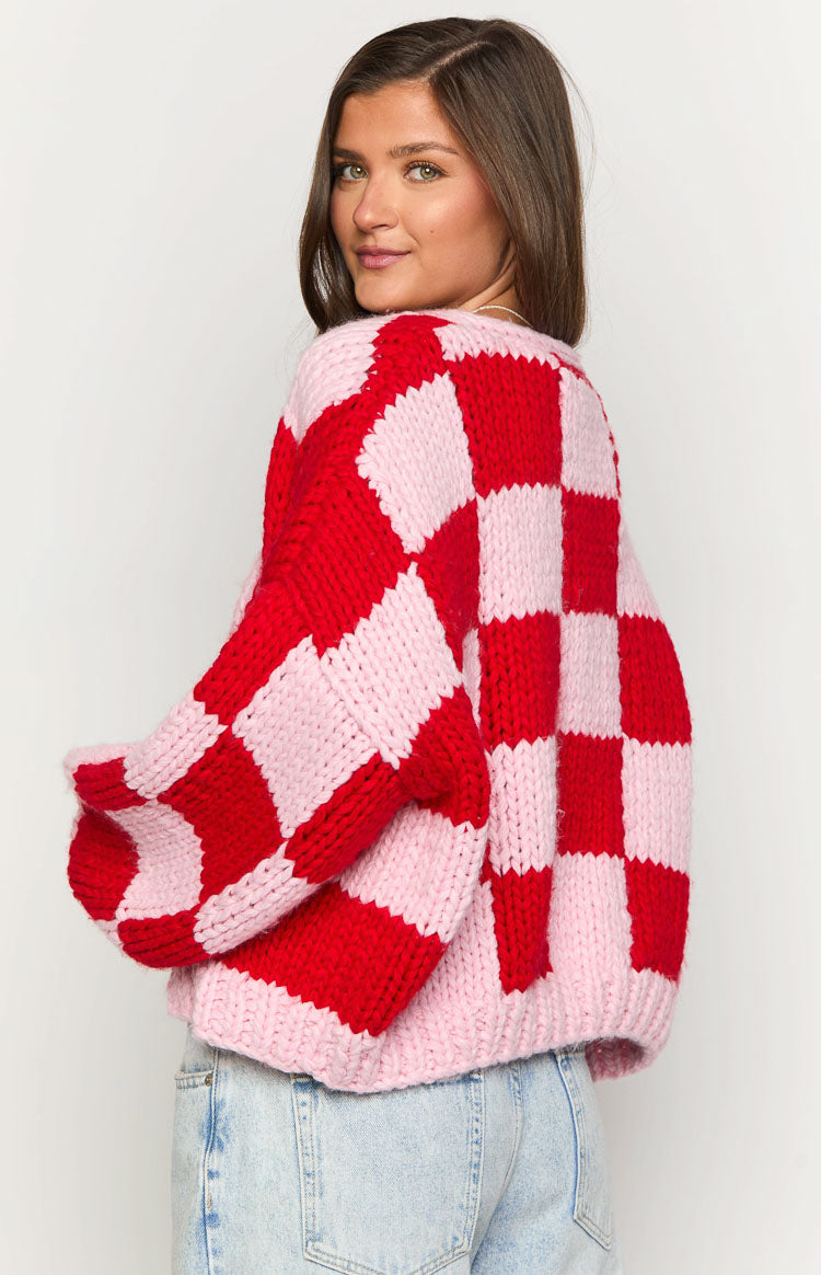 Envi Pink And Red Checkered Knit Cardigan Image