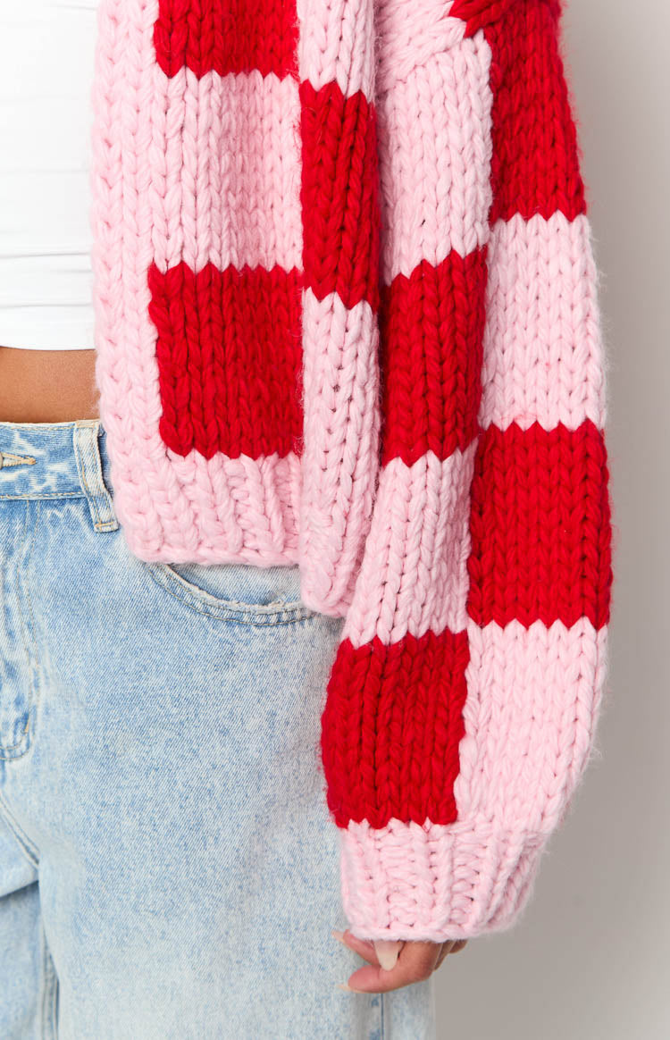 Envi Pink And Red Checkered Knit Cardigan Image