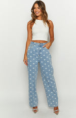 Eli Star Print Mid Wash Wide Leg Denim Jeans Image