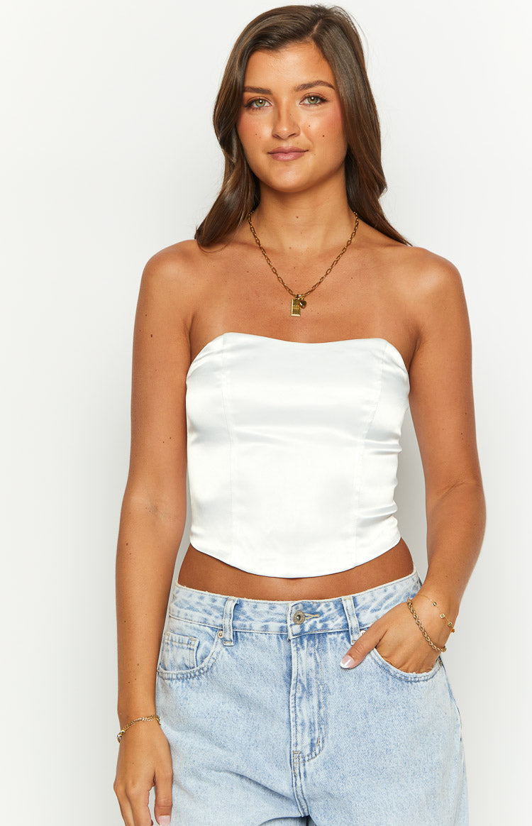 Ember Elegance White Satin Corset Top Beginning Boutique