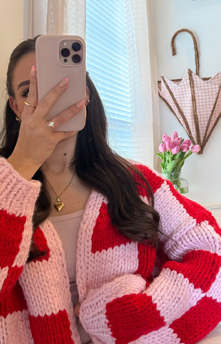 Envi Pink And Red Checkered Knit Cardigan Image