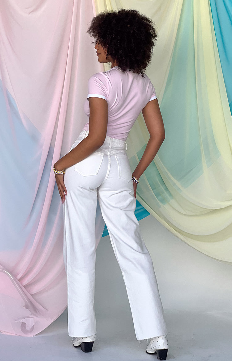 Gem Diamante Trim Wide Leg White Denim Jeans Image