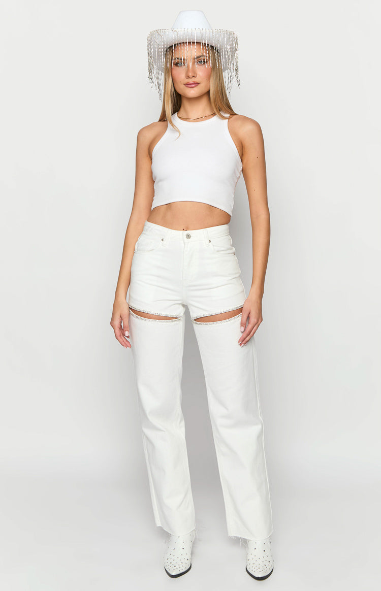 Gem Diamante Trim Wide Leg White Denim Jeans Image