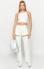 Gem Diamante Trim Wide Leg White Denim Jeans Image