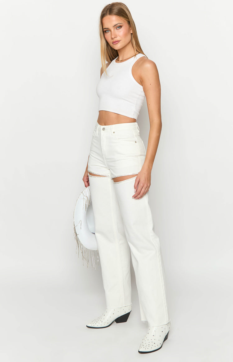 Gem Diamante Trim Wide Leg White Denim Jeans Image