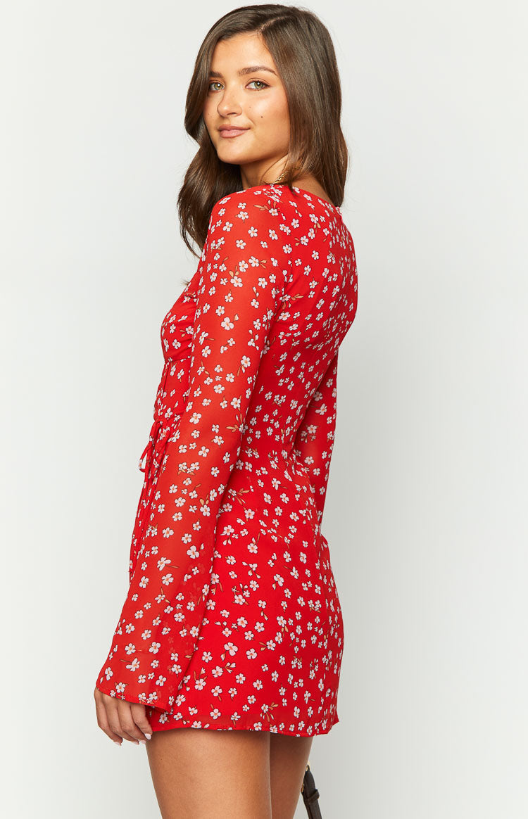 Goldie Red Floral Long Sleeve Mini Dress Image