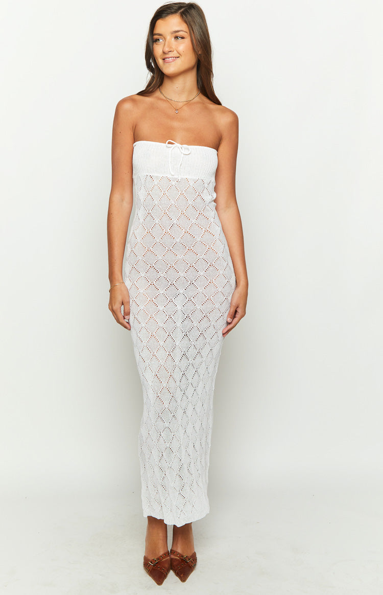 Halina White Knit Strapless Maxi Dress