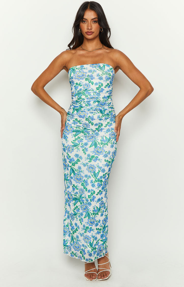 Shop Formal Dress - Imogen Blue Floral Strapless Maxi Dress third image
