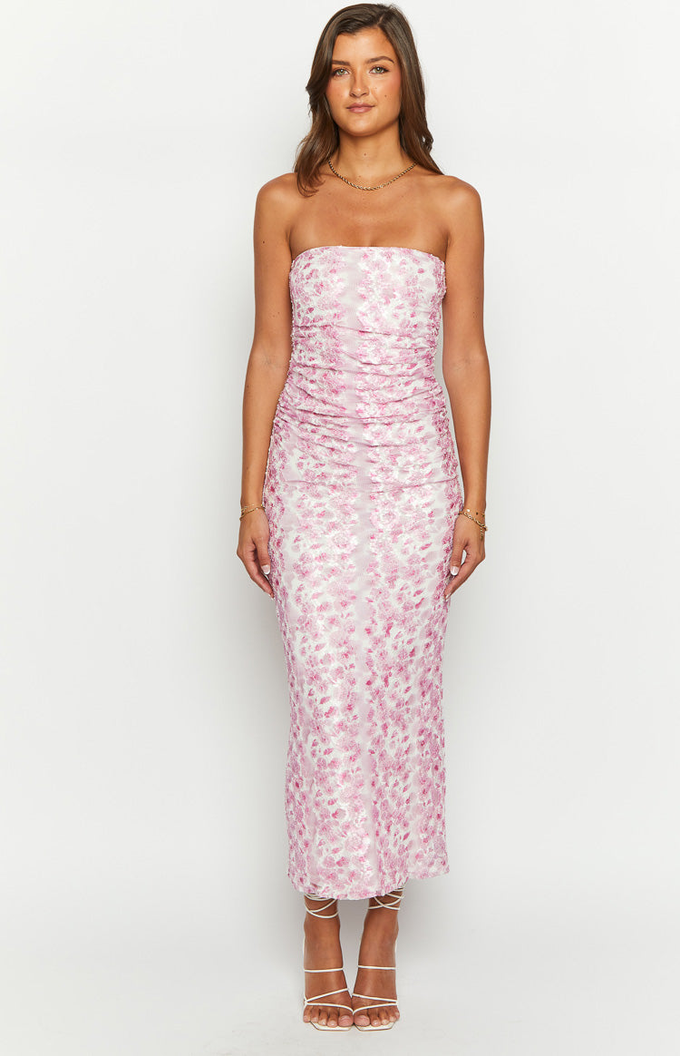 Shop Formal Dress - Imogen Pink Floral Print Strapless Maxi Dress sixth image