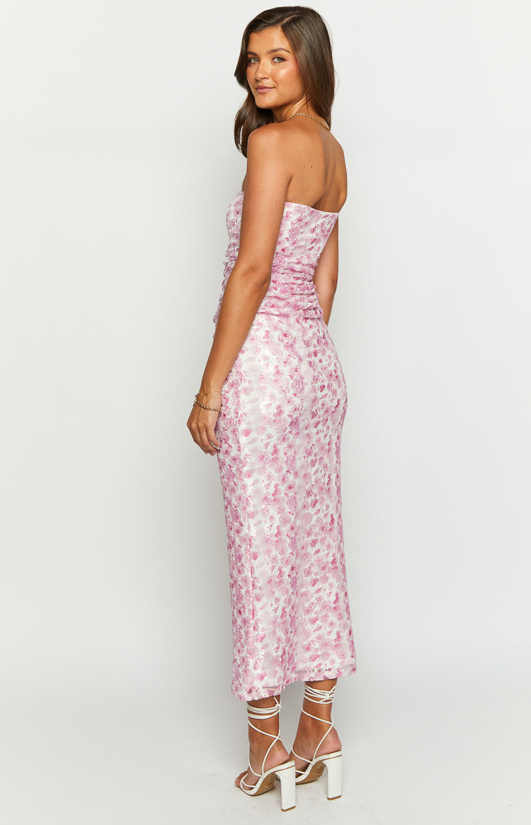 Shop Formal Dress - Imogen Pink Floral Print Strapless Maxi Dress third image