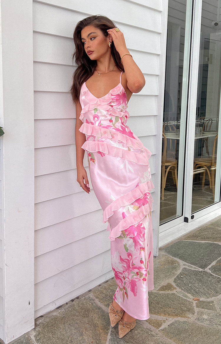 Inara Pink Floral Print Ruffle Maxi Dress Sale