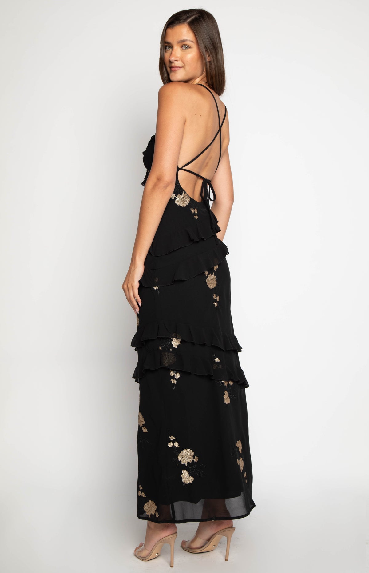 Inara Black Sequin Ruffle Maxi Dress Image