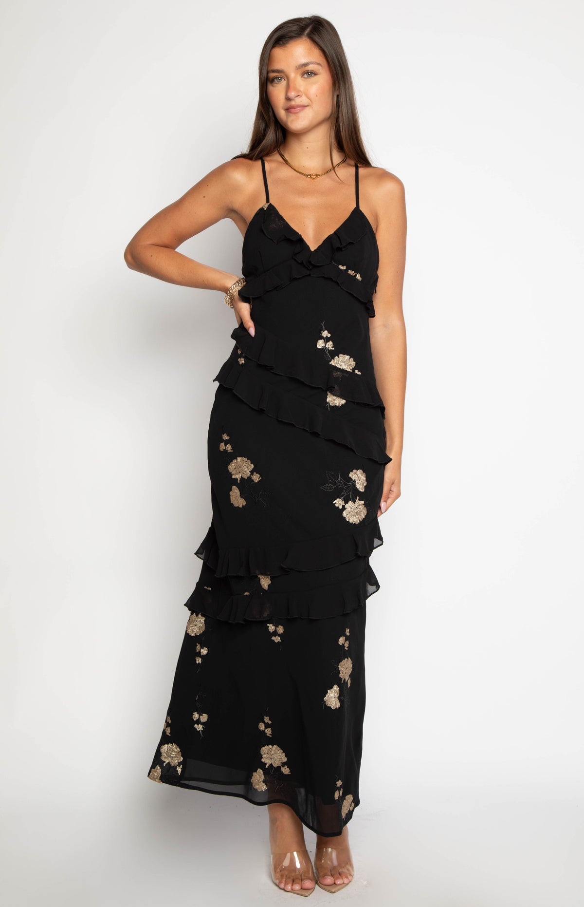 Inara Black Sequin Ruffle Maxi Dress Image