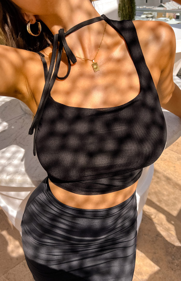 Kelsey Black Tie Neck Mesh Top Image