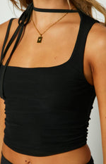 Kelsey Black Tie Neck Mesh Top Image