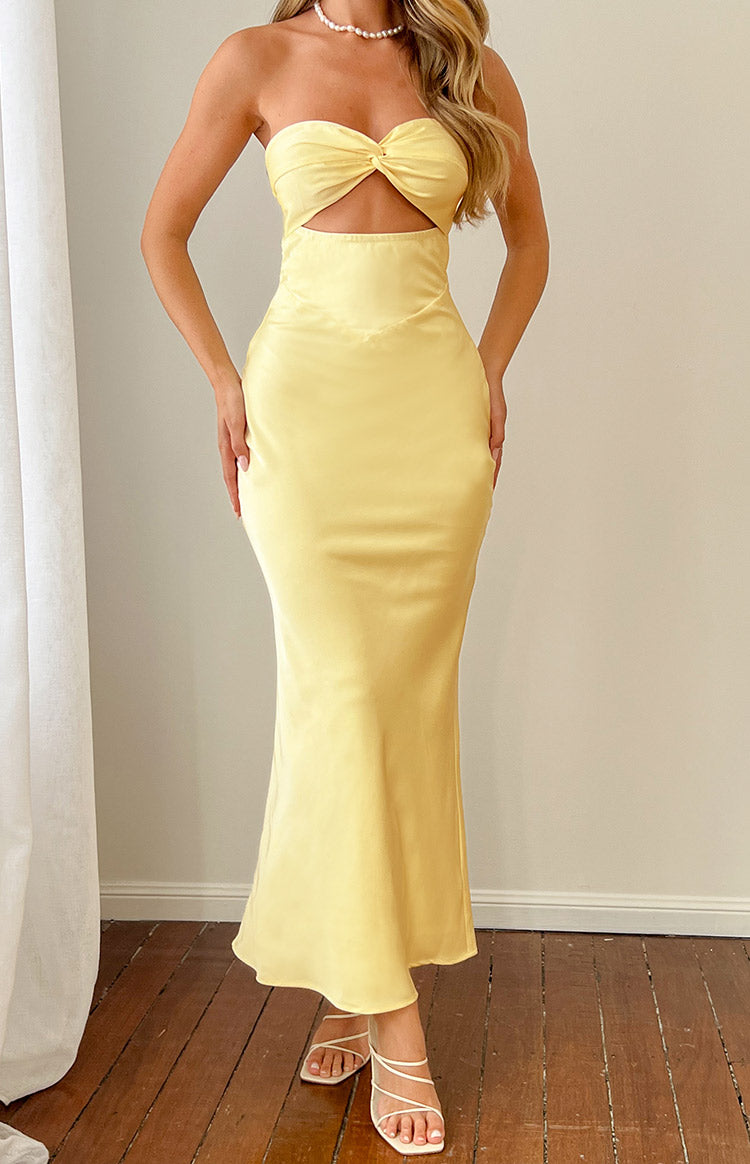 Shop Formal Dress - Kenna Yellow Satin Strapless Maxi Dress sixth image