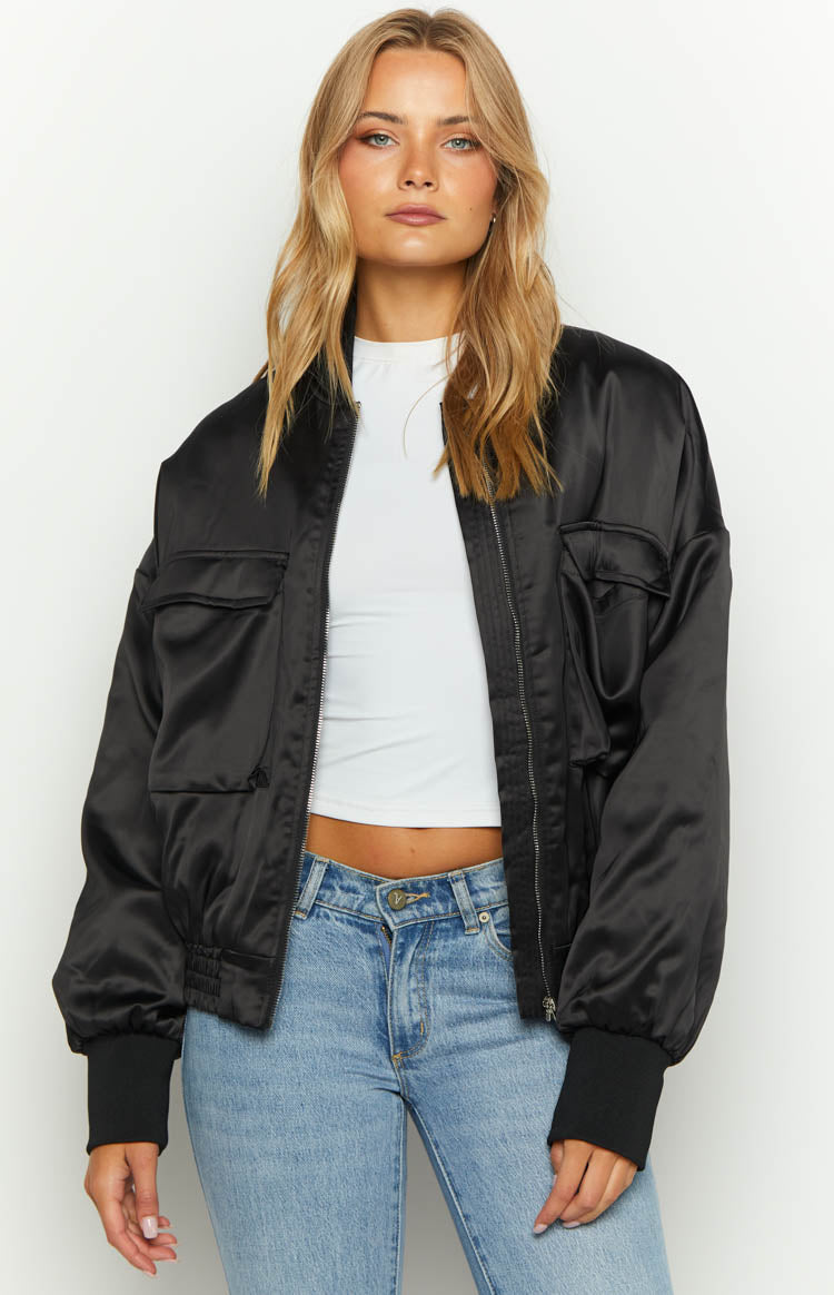 Keziah Black Satin Bomber Jacket Image