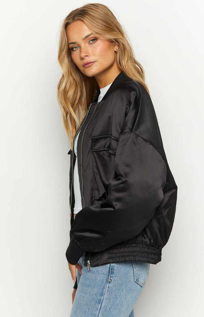 Keziah Black Satin Bomber Jacket – Beginning Boutique