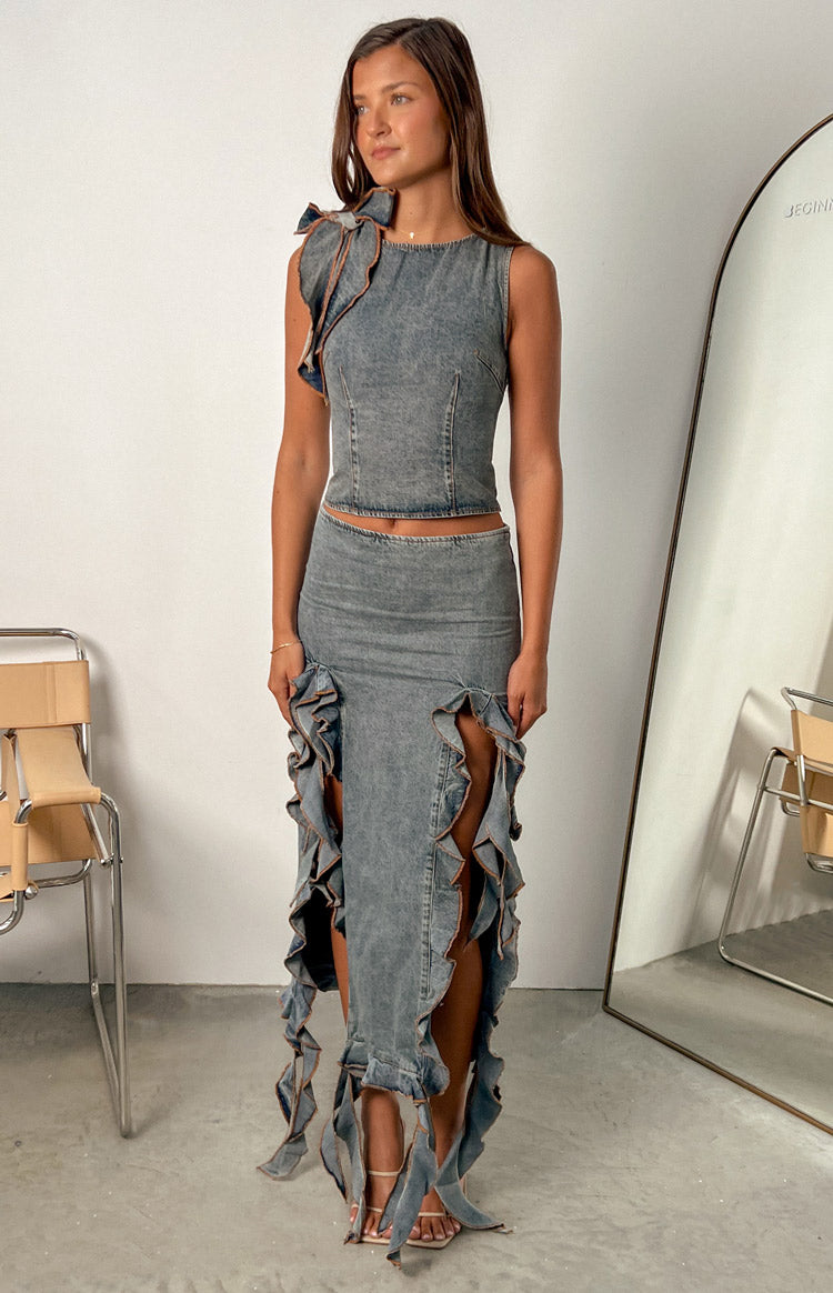 Lioness Rendezvous Faded Denim Maxi Skirt Image