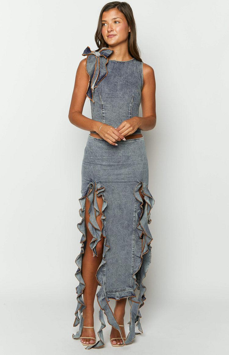 Lioness Rendezvous Faded Denim Maxi Skirt Image