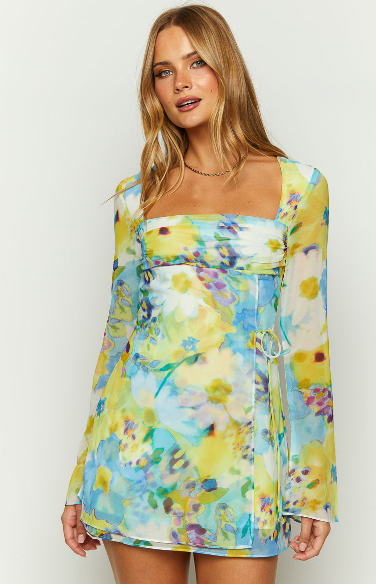 Yellow blue floral dress discount