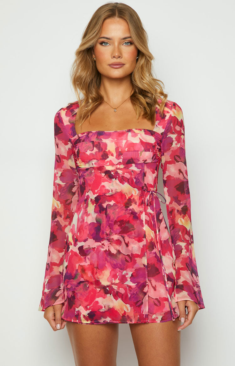 Collective Dress - Lucy Pink Print Long Sleeve Mini Dress third image