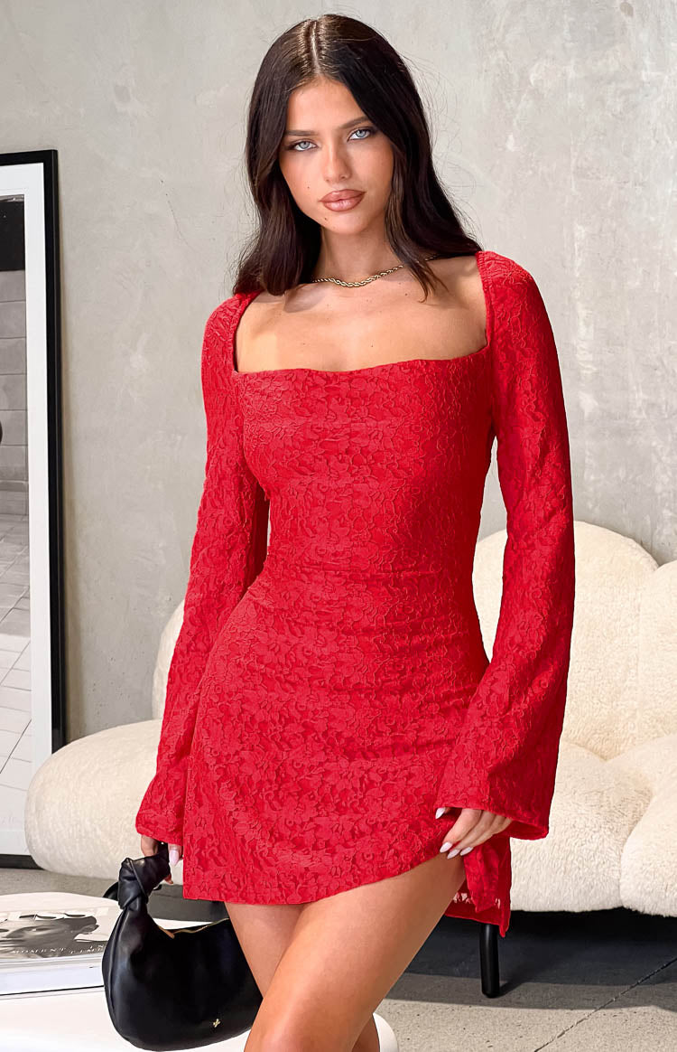 Marienne Red Lace Long Sleeve Mini Dress Image
