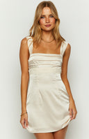 Cream satin mini dress on brunette model
